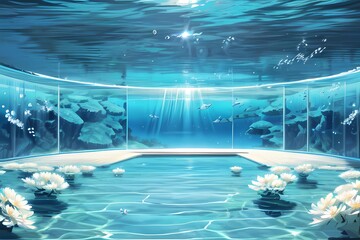 ゲーム背景　水中にある海の国の人口プール風水槽