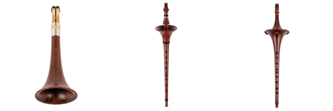 Zurna double reed instrument isolated on white background, traditional Middle Eastern wind instrument, زورنا, Arabic zurna, Turkish zurna, folk and ceremonial music instrument for Arabic, Turkish, and