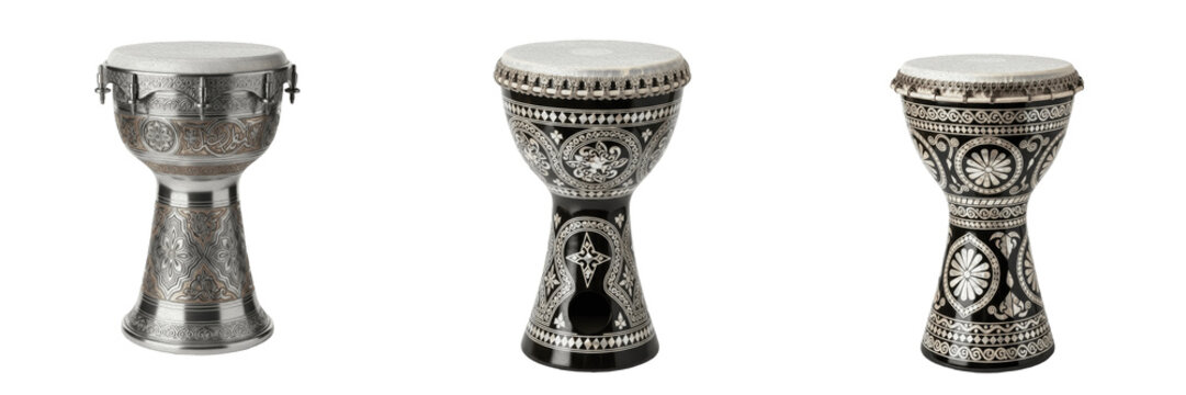 Doumbek drum isolated on white background, Middle Eastern goblet drum, darbuka, طبلة, Arabic percussion instrument for folk, classical, and traditional music performances in Arabic, Turkish, and Persi