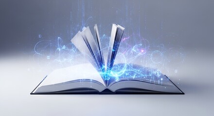 Fototapeta premium Magical book with glowing pages and swirling digital connections