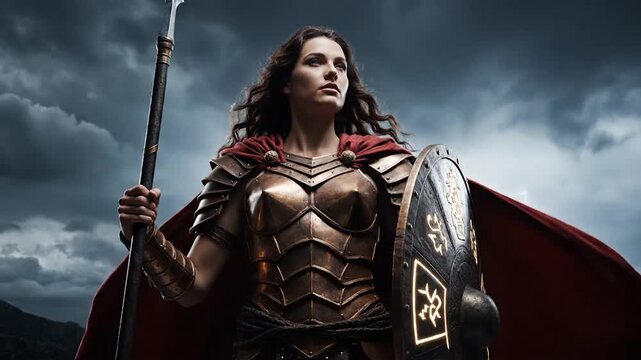 Powerful Female Warrior in Golden Armor with Spear and Shield Against a Dramatic Sky.