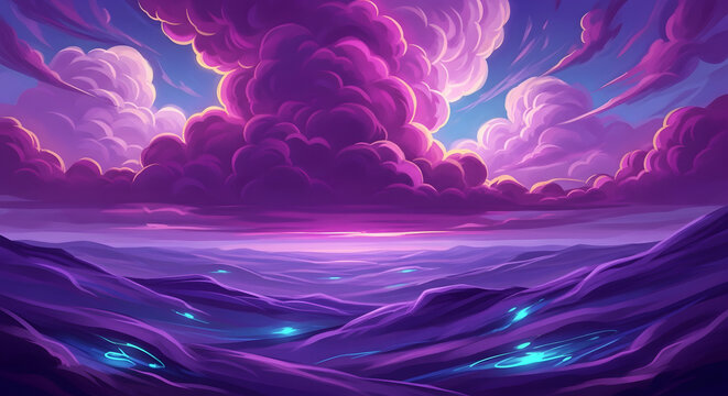 A vibrant purple ocean landscape with majestic clouds and glowing blue lights from a distant viewpoint, inspired by sss (80).png