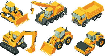 Isometric heavy construction equipment vector set with excavator, crane truck, bulldozer, loader, dump truck and road roller © Vector's World