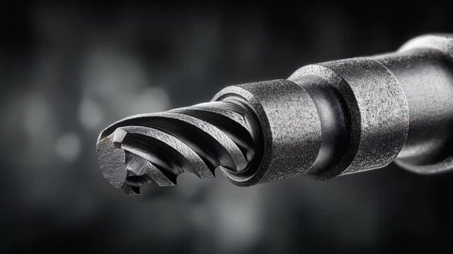 A close-up view of a metal tool's tip with spiral grooves, showcasing texture and detail