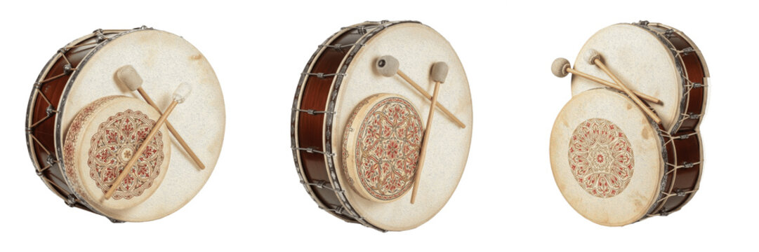 Davul large Turkish drum isolated on white background, traditional Middle Eastern percussion instrument, Arabic and Turkish drum for folk, classical, and ceremonial music in Arabic, Persian, and Turki