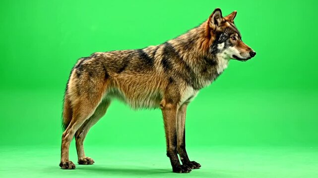 A majestic wolf with brown and black fur stands in profile against a vibrant green screen background, showcasing its wild beauty.