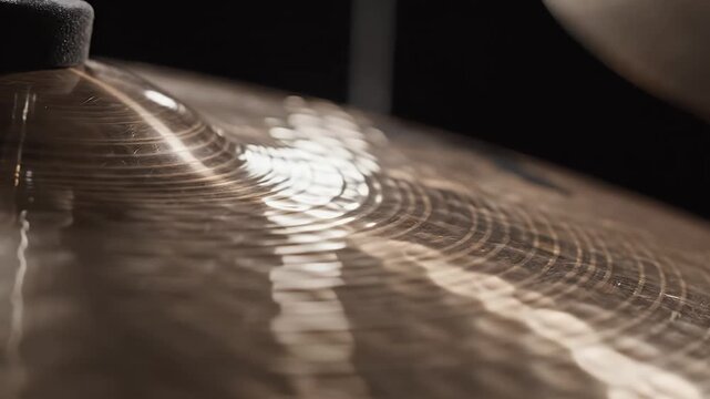 Close Up Golden Bronze Cymbal Surface with Circular Grooves and Dark Background