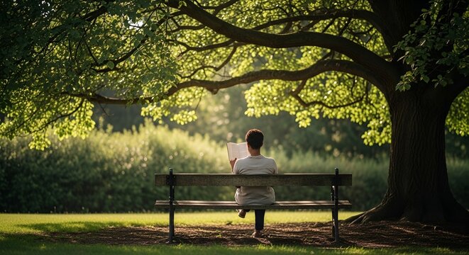 Man relaxing under tree reading book in peaceful park setting