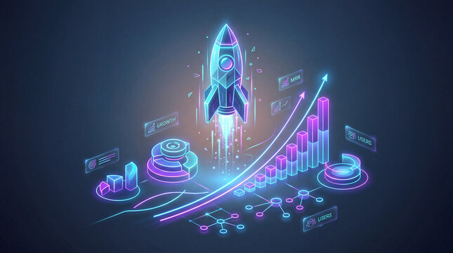 An isometric neon rocket launching surrounded by glowing business data.