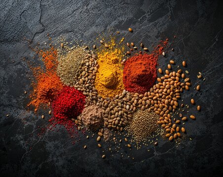 Exotic Spice Collection with Seeds and Ground Powders on Dark Marble, Top View Cooking Ingredients