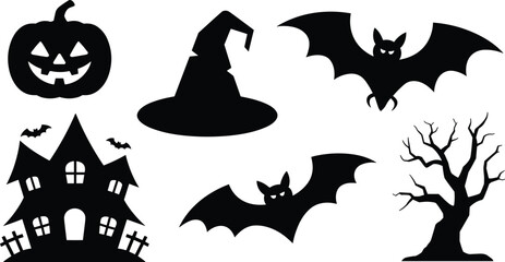 Halloween silhouettes set pumpkin witch hat bat haunted house spooky tree vector illustration isolated on white background