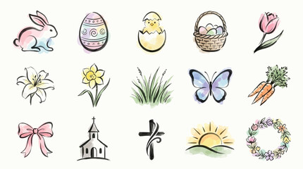 A collection of watercolor illustrations depicting various Easter and spring-themed elements, including animals, flowers, and religious symbols. © Renald