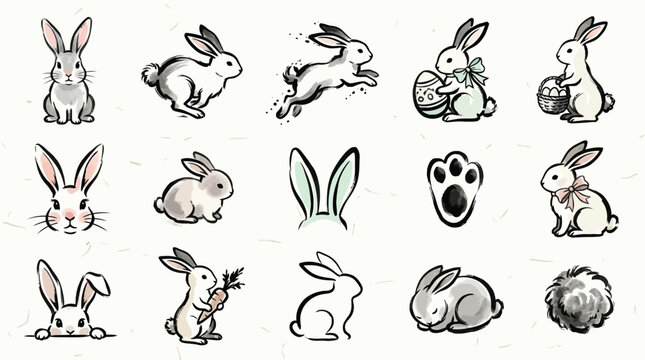 A collection of charming watercolor and sketch illustrations featuring various rabbits and rabbit-related elements, including full bodies, faces, ears, and a paw print.