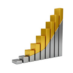 3d golden bar graph with increasing bars isolated on transparent background