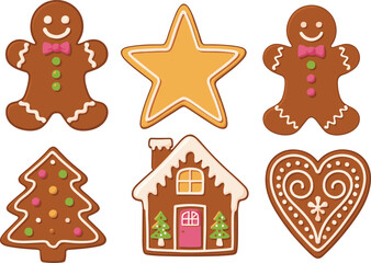 Fototapeta premium Christmas gingerbread cookies set festive holiday shapes sweet dessert vector illustration isolated on white background