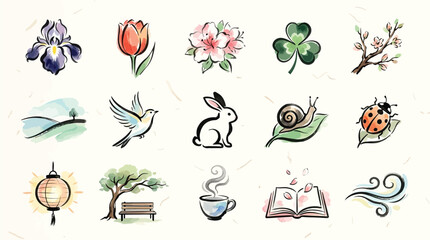 A charming collection of watercolor illustrations depicting various elements of nature, seasons, and peaceful moments, including flowers, animals, and scenic views. © Renald