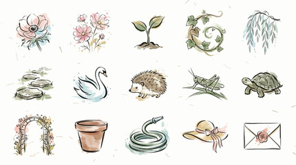 A collection of delicate watercolor illustrations featuring natural elements like flowers, plants, animals, and garden items. © Renald
