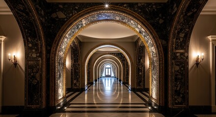 Naklejka premium Ornate Archway Corridor with Light at the End
