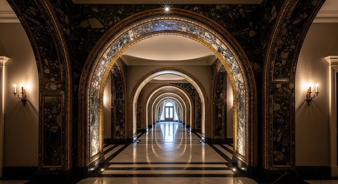 Ornate Archway Corridor with Light at the End