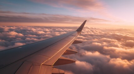 Fototapeta premium Close-up of an aircraft wing soaring above dense layers of white, fluffy clouds illuminated by the setting sun's warm glow.