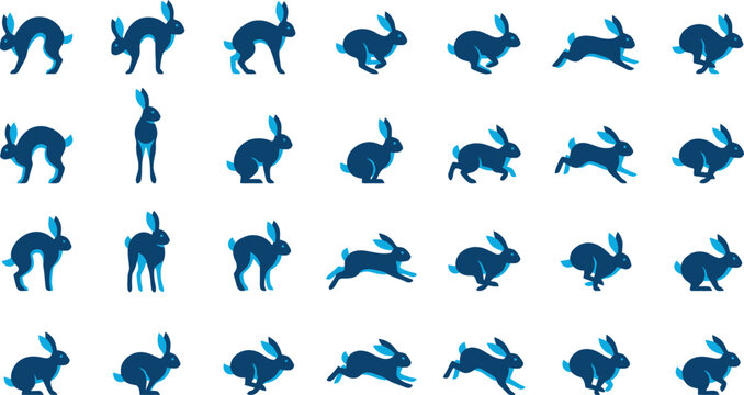 Bunny Set of 30 Blue Rabbit Running Animation Frames Vector Actions