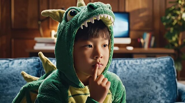 Young boy in dragon costume making a shushing gesture on a couch.