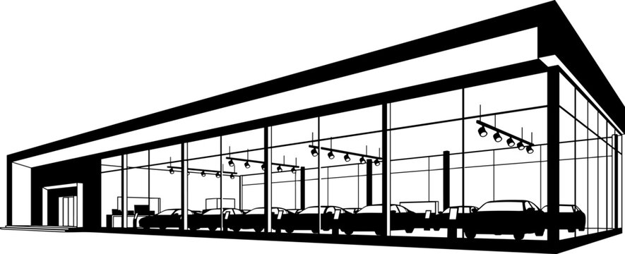 Modern car showroom silhouette illustration, glass automotive dealership interior with vehicles on display, contemporary architecture black vector design isolated on white background