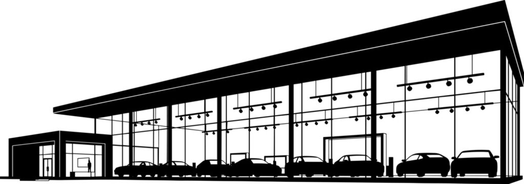 Modern car showroom vector illustration, glass facade automobile dealership building with parked vehicles, minimalist black silhouette architecture design isolated on white background