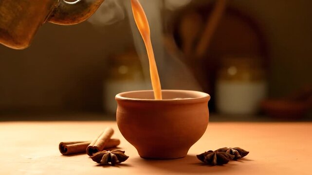 Pouring hot chai tea into a traditional clay cup with steam rising, surrounded by cinnamon sticks and star anise on a wooden table, creating a warm and inviting atmosphere.