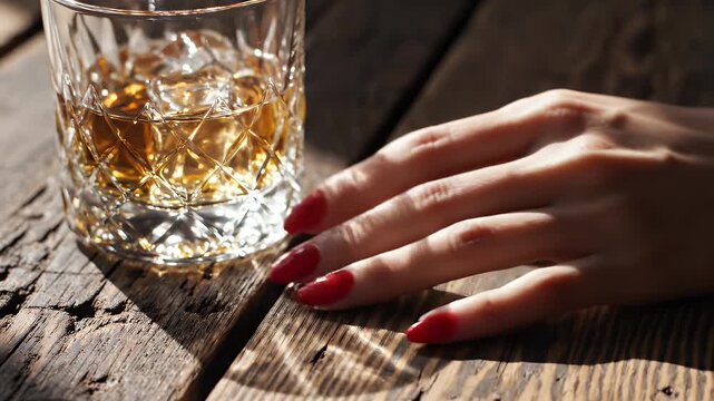 Close up of a woman's hand with red nails pushing an amber liquid filled crystal glass on a rustic wooden table with dramatic lighting and shadows
