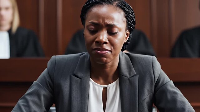 Close Up Of A Young Black Woman Defendant In Courtroom Looking Anxious With Hands Clasped In Front Of Her Wearing A Dark Gray Blazer