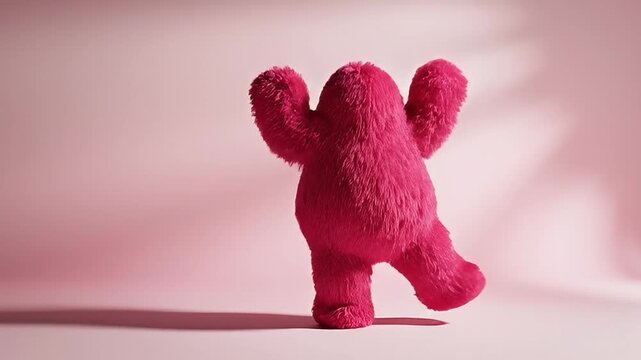 A fuzzy pink character dances with joy on a soft pink background.