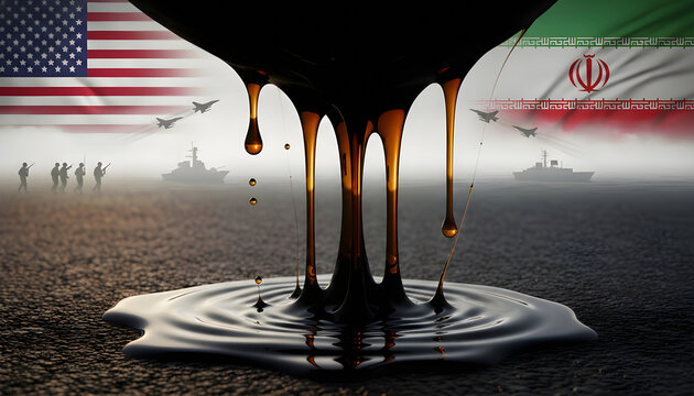 Crude oil spilling in the foreground shows its importance as a vital resource and a source of economic and political conflict. Flags of the United States and Iran in the background in a war setting.