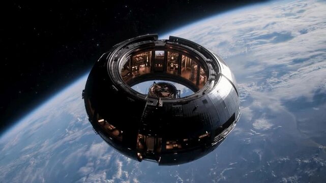 A detailed view of a futuristic, ring-shaped space station orbiting Earth with intricate illuminated modules against the dark expanse of space.