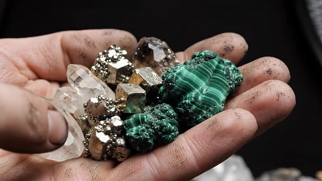 Close up View of Minerals Being Held by Adult Hand with Dark Background