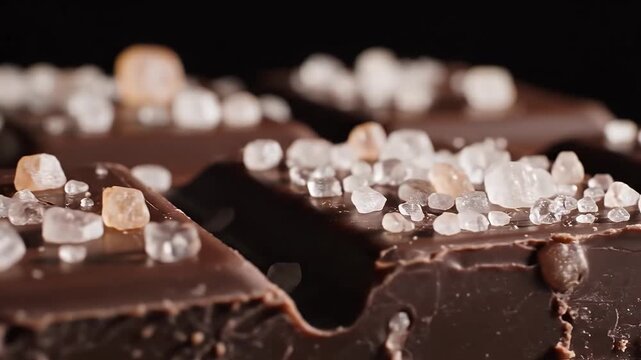 Dark Chocolate Squares Topped with Sea Salt Crystals on Dark Background