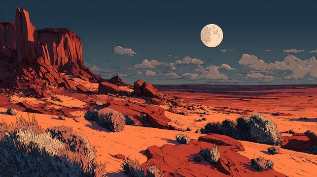 Barren desert canyon illuminated by a large, pale full moon at twilight.