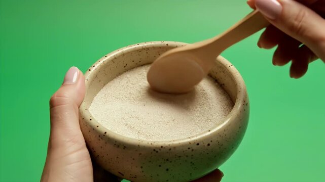 Woman's Hands Scooping Granulated Sugar From Bowl With Wooden Spoon Against Green Screen Background With Soft Lighting