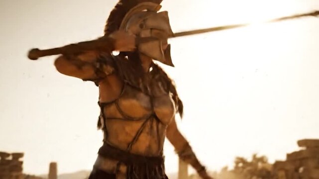 Warrior Woman in Ancient Ruins with Spear.