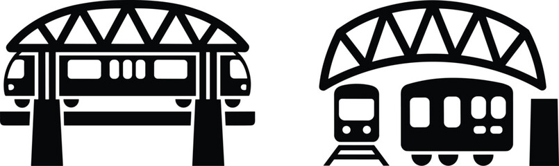 Vector illustration of elevated train station icons showing metro trains on bridge and under truss structure, representing urban transit and railway infrastructure. © Sakib BOss