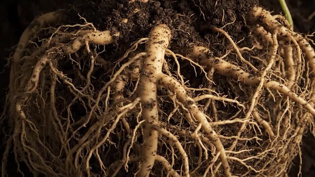 Detailed shot of a plant's root system with soil and a small sprout