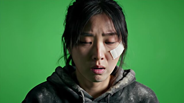 Young Woman with Bandage on Face Looking Distressed Against Green Screen Background