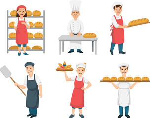 Professional bakers characters set with fresh bread, bakery tools, uniforms, and artisan pastry chef illustration collection