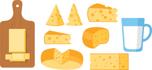 Vector illustration of assorted cheese varieties with milk glass, dairy products collection, food nutrition concept, gourmet cheese assortment, healthy eating design.