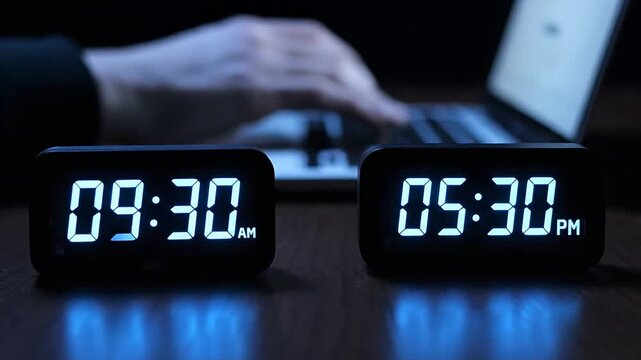 Close up of two digital clocks showing different times with a person typing on a laptop in a dark office.