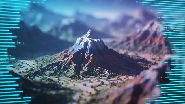 Digital scan revealing a pixelated voxel mountain range with a tilt-shift effect