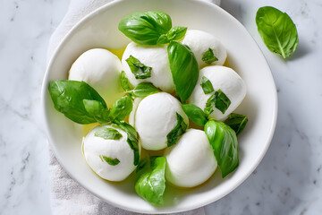 Mozzarella balls and fresh basil on a gray surface with olive oil in a round dish