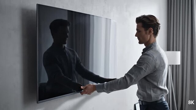 Man Mounting Large Flat Screen Television to Gray Wall in Bright Room