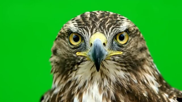 Close-up view of a hawk's piercing yellow eyes and sharp beak against a vibrant green background