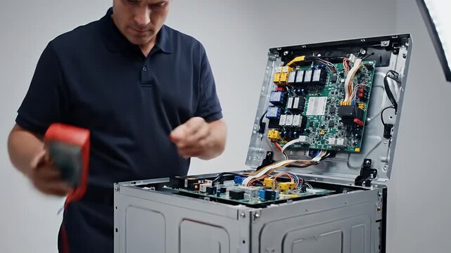 Man in Blue Shirt Repairs Electronic Device with Circuit Board in Grey Background